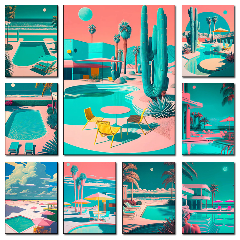 Resin Art Canvas - Póster Retro Futurista de Palmeras en